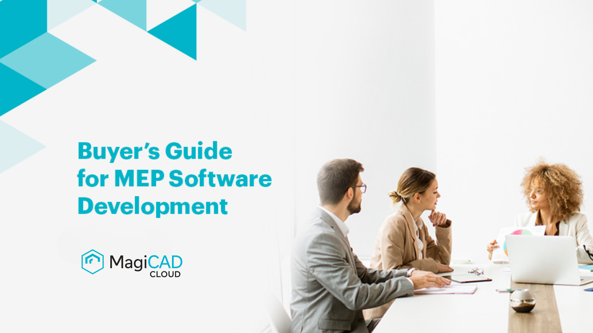 Cover of 'Buyer’s Guide for MEP Software Development' by MagiCAD Cloud, with three people in a business meeting.