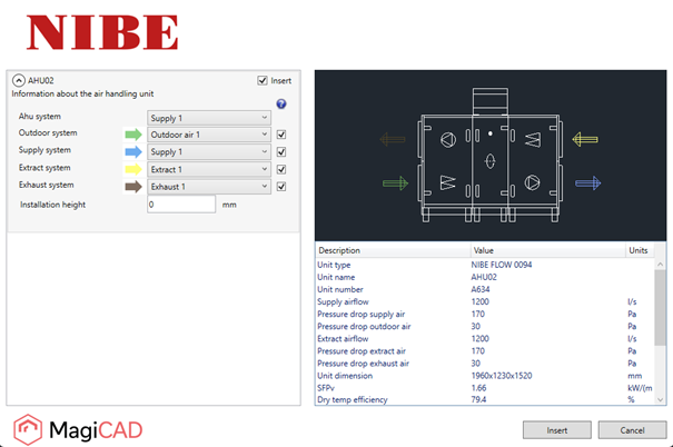 NIBE MagiCAD Cloud Plugin interface showing configuration and insertion of an air handling unit (AHU) from NIBE Dim Vent into MagiCAD for Revit or AutoCAD.